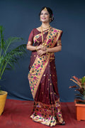 Elegant Brown Paithani Silk saree with gold Zari weaving and matching blouse