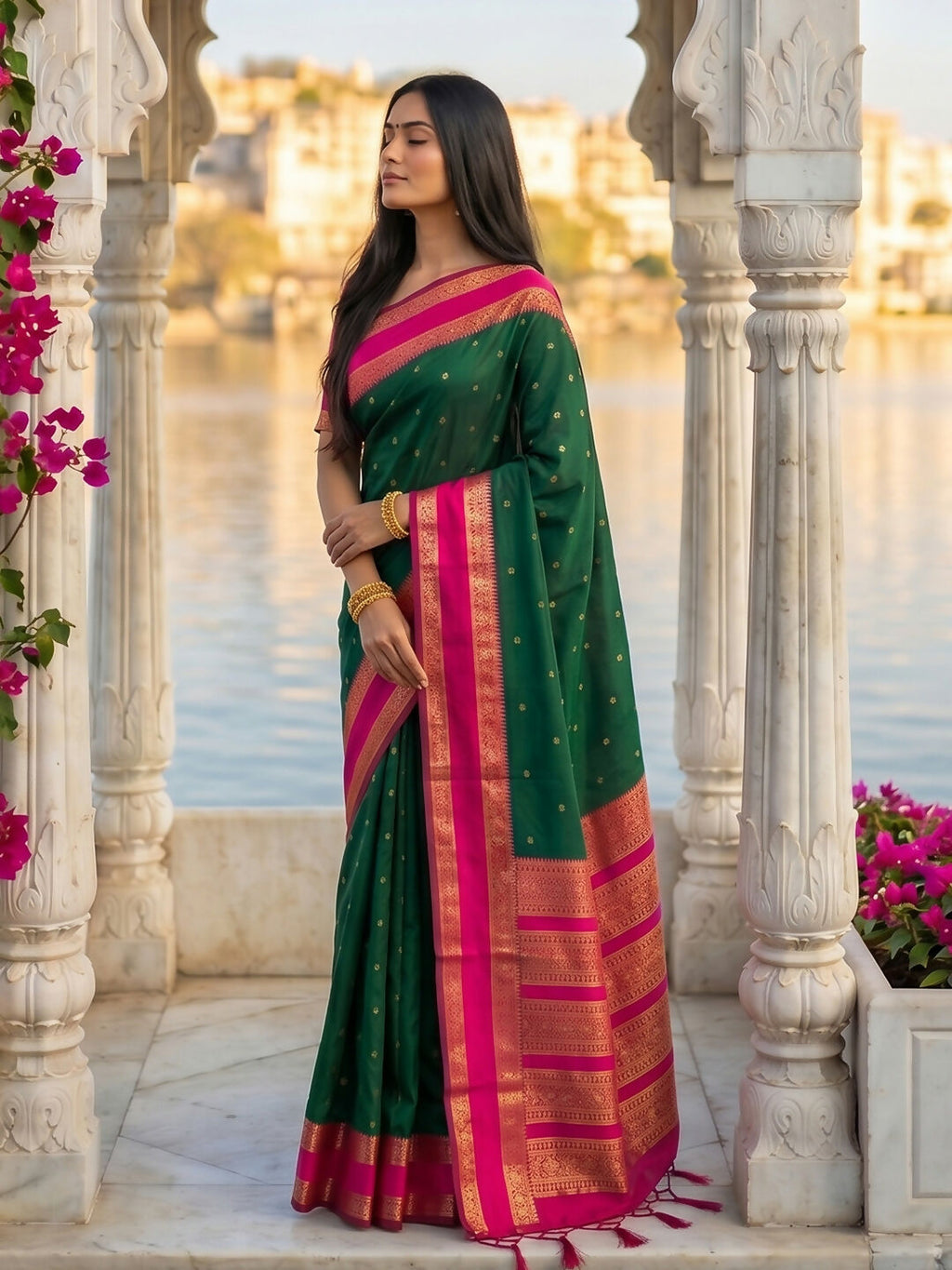 Dark Green Silk Blend Saree with Matching Blouse Piece