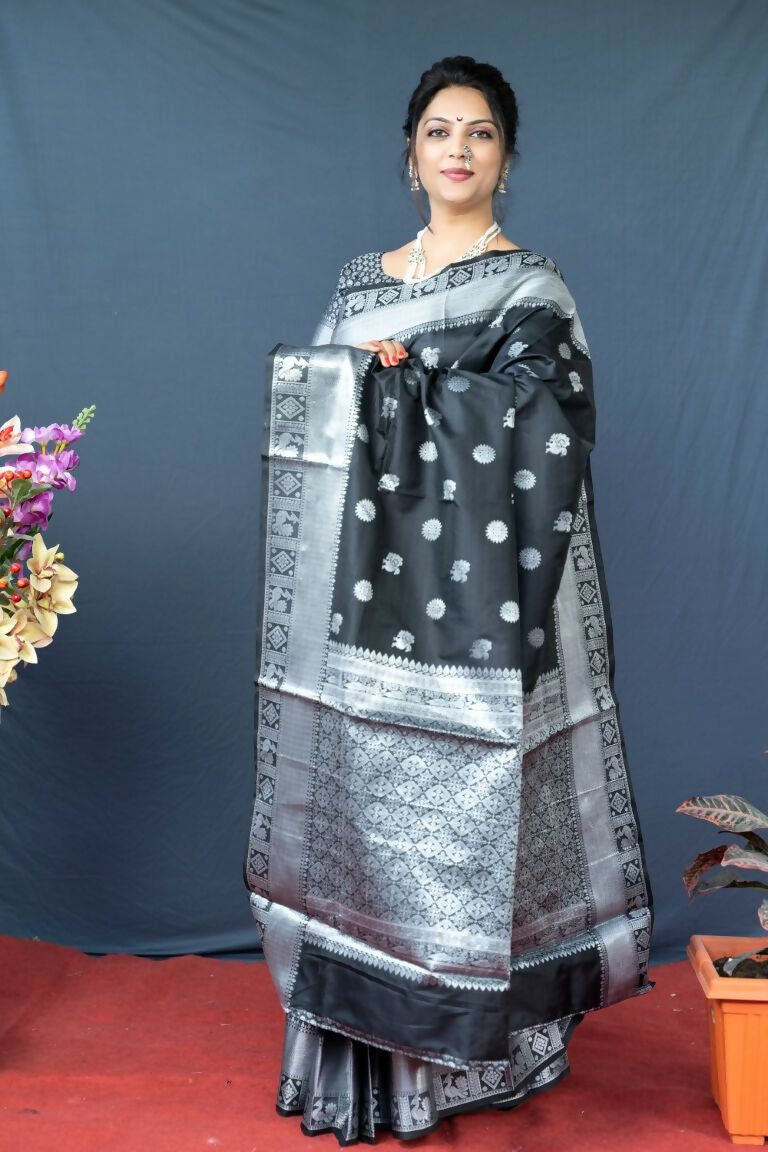 Black Soft Banarasi Silk Saree with Zari Woven Border and Blouse