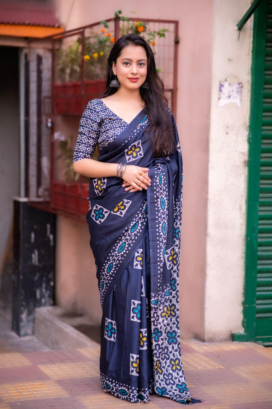 Blue Dolla Silk blend saree with batik style prints and matching blouse