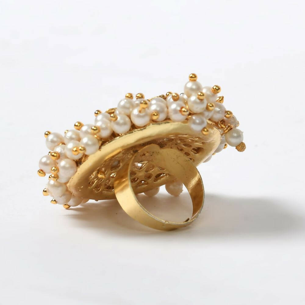 Joharkamal Gold-Polished Ring with Pearl Embellishments