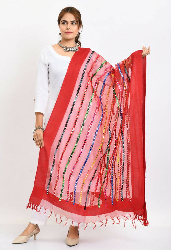 Red organza dupatta with intricate multi-thread embroidery and mirror work details