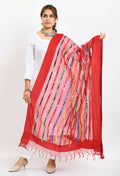 Red organza dupatta with intricate multi-thread embroidery and mirror work details