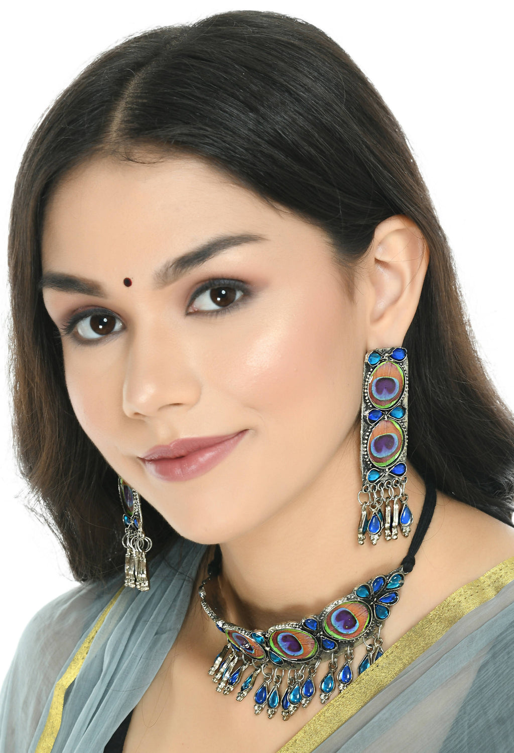 Peacock Wings Choker Necklace in Oxidised Silver-Plated Brass