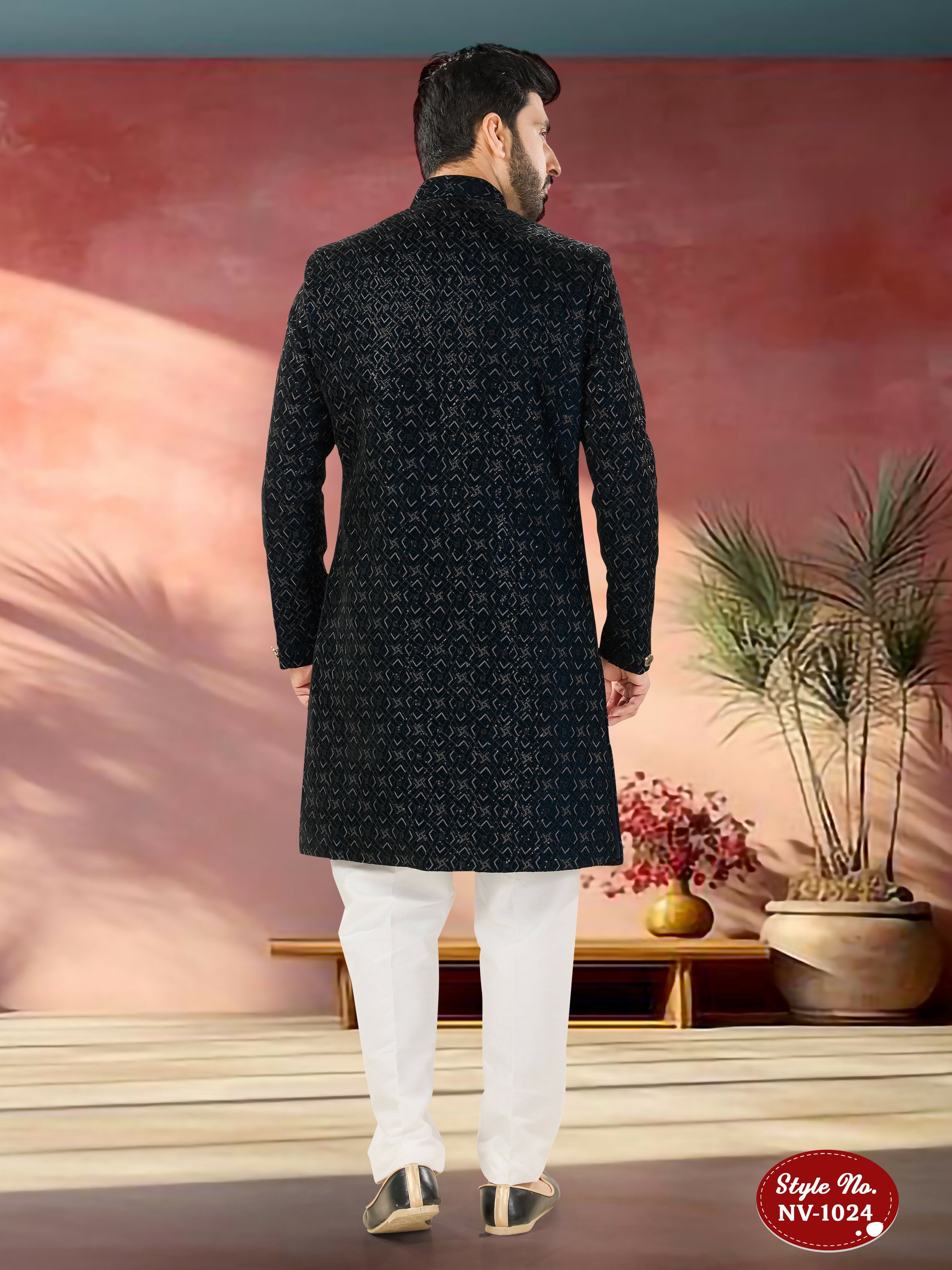 Men's Blue Velvet Indo-Western Kurta Set with Sequence Embroidery