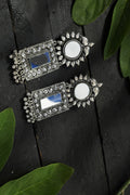 Silver-plated mirror design drop earrings with oxidized finish