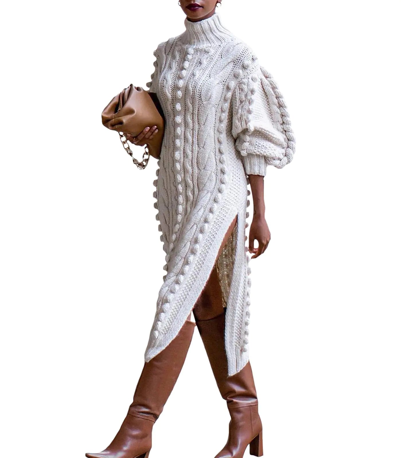 Angsuttc Knit Dresses for Women Textured Puff Sleeve High Neck High Slit Hem Long Sweater Dress White L