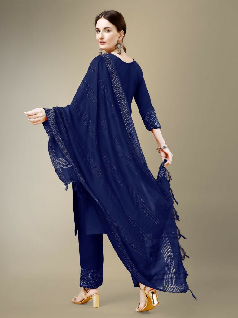 Women's Navy Blue Straight Kurta Set with Embroidery & Lace Work