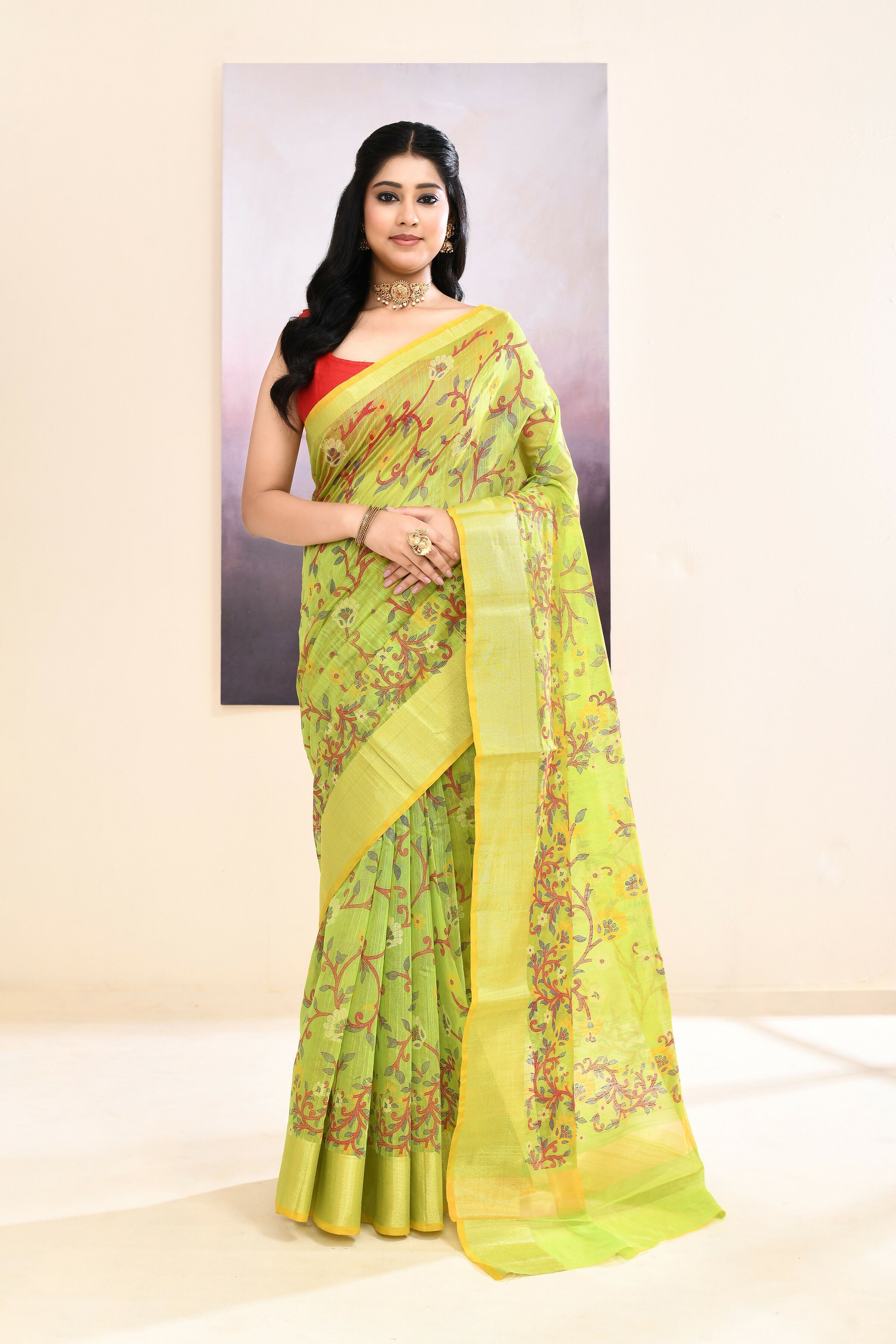 Olive embellished printed cotton blend saree