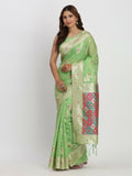 Light green linen cotton saree with matching blouse piece