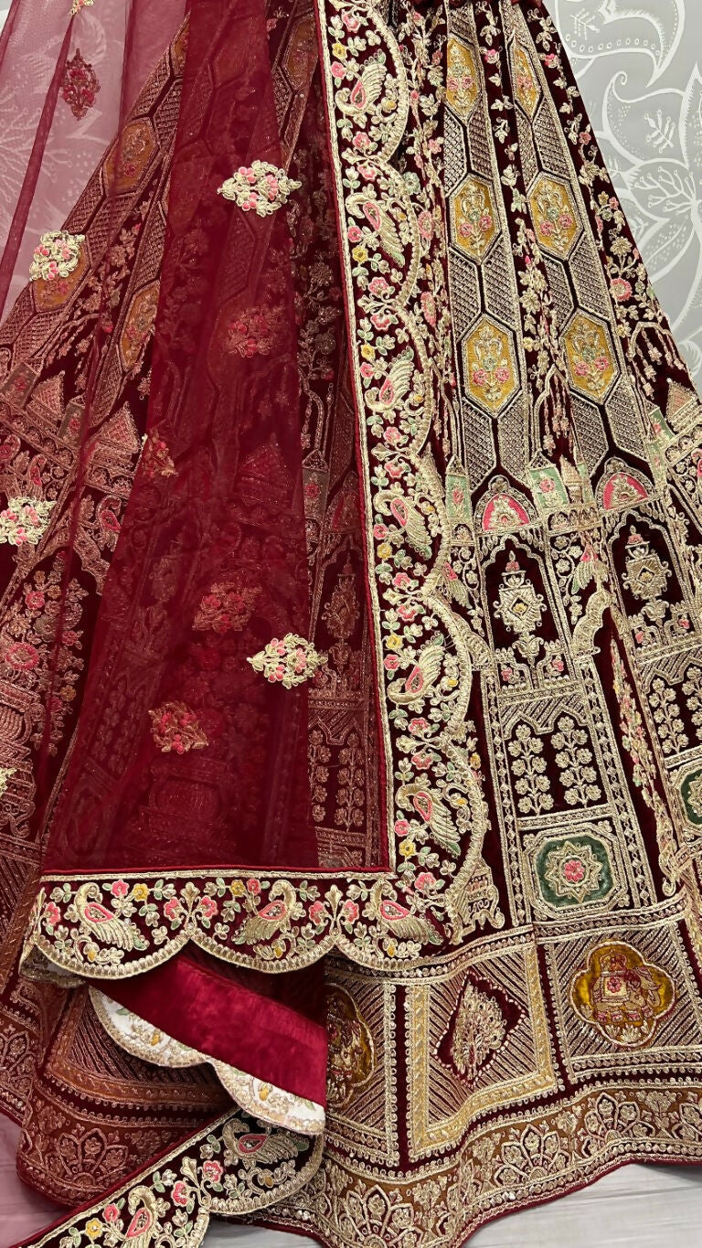 Maroon Velvet Embroidered Wedding Lehenga Choli with Diamond Work