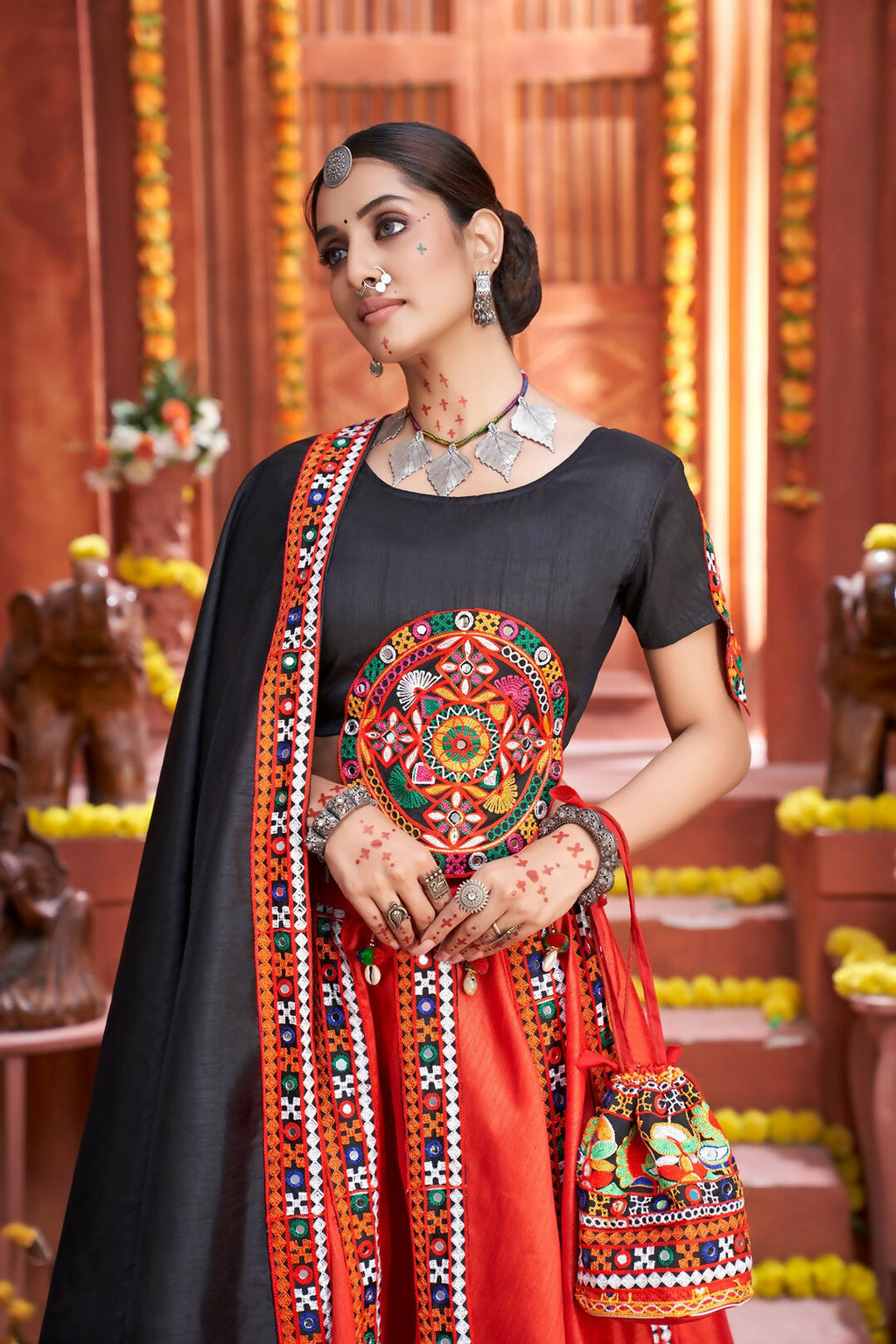 Red Art Silk Designer Navratri Lehenga Choli with Black Blouse