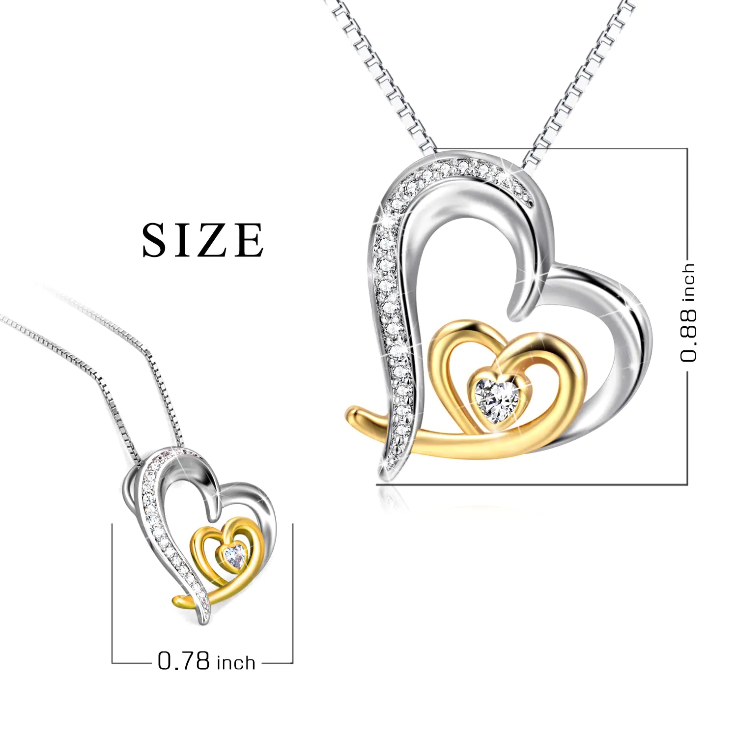 Double Heart Pendant, Gold-Plated Diamond Necklace, 925 Silver