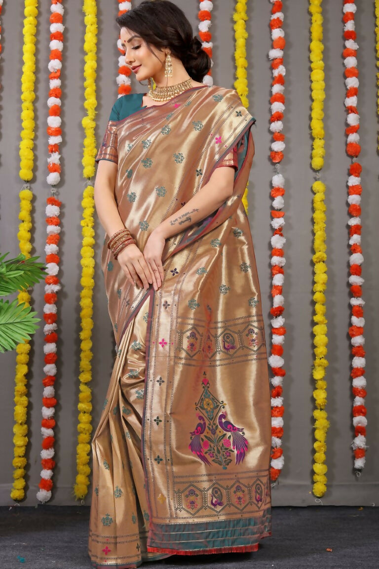 Grey Paithani Silk Saree with Zari Woven Pattern and Blouse