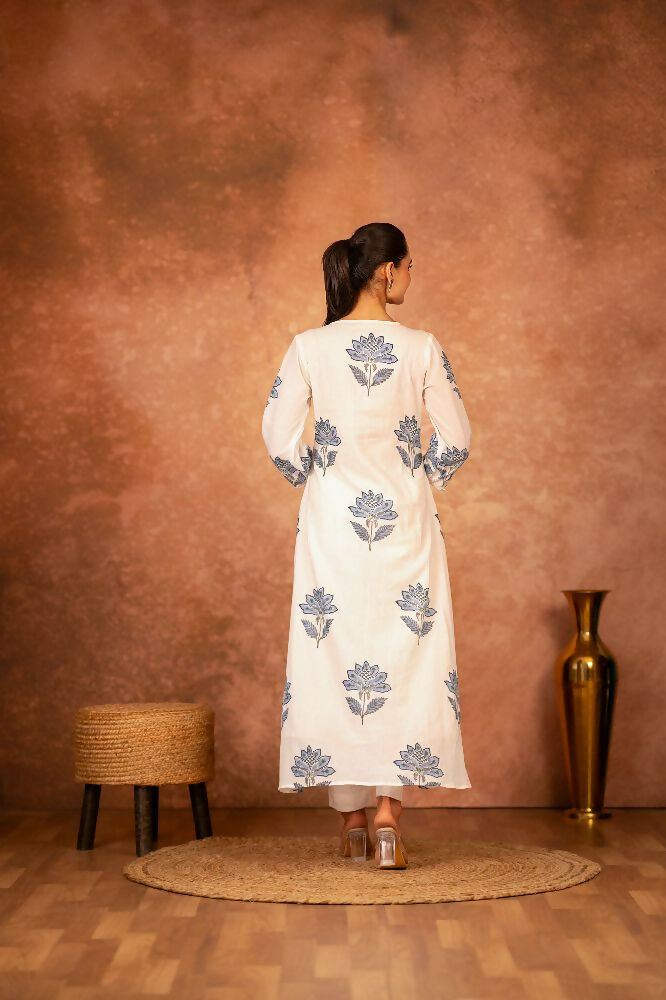 Blue Floral Hand Block Printed Cotton Kurta and Pant Set