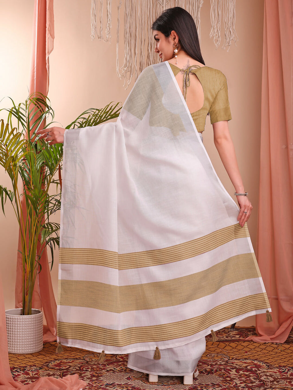 The White Loom White Linen Cotton Saree with Matching Blouse