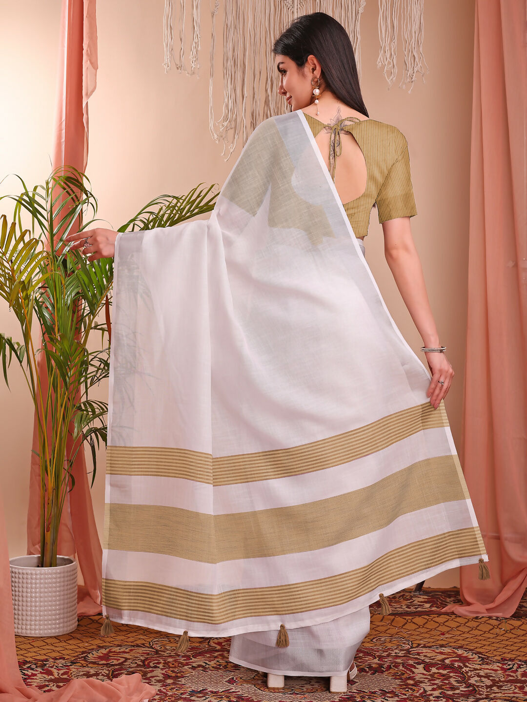 The White Loom White Linen Cotton Saree with Matching Blouse