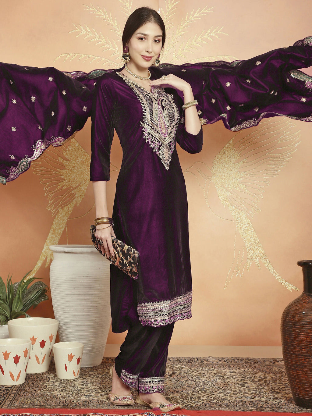Wine Velvet Straight Kurta Set with Resham Thread & Sequin Work
