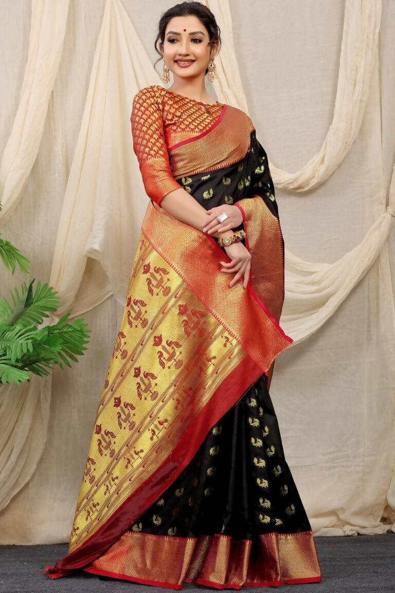 Black Banarasi Silk Saree with Traditional Zari Woven Border