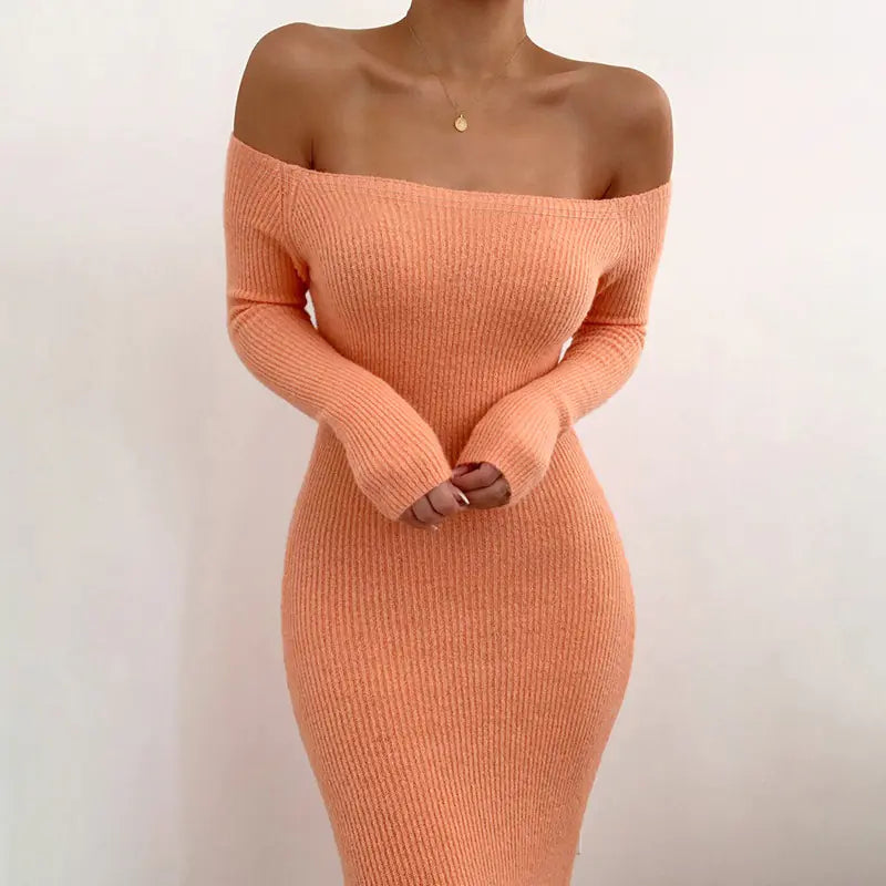 Women's Ribbed Off-Shoulder Long Sleeve Bodycon Midi Dress - Image 12