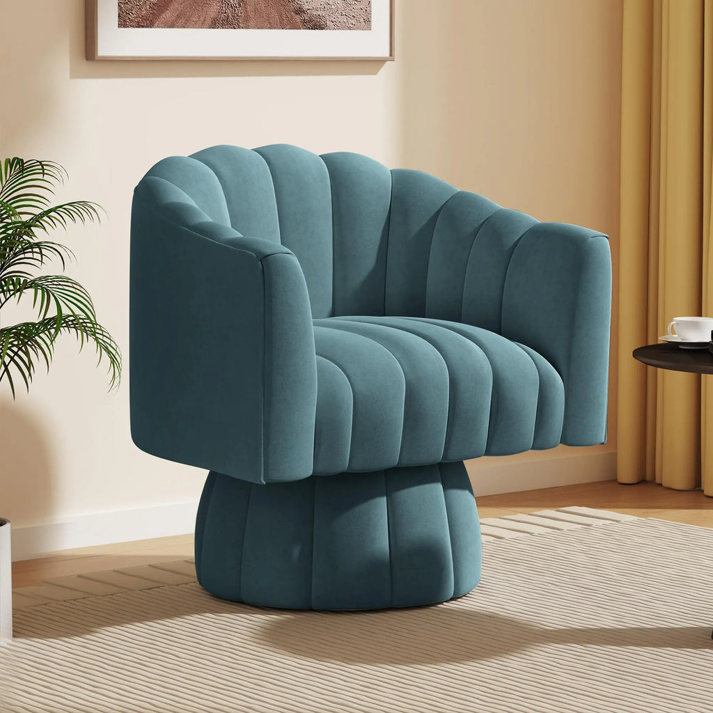 Accent Chair Mid Century 360 Degree Swivel ChairModern Lounge Sofa Round Barrel Chair with Wide UpholsteredFluffy Velvet Fabric Chairs for Home Sofa Living Room/Bedroom/Waiting Room (Blue)