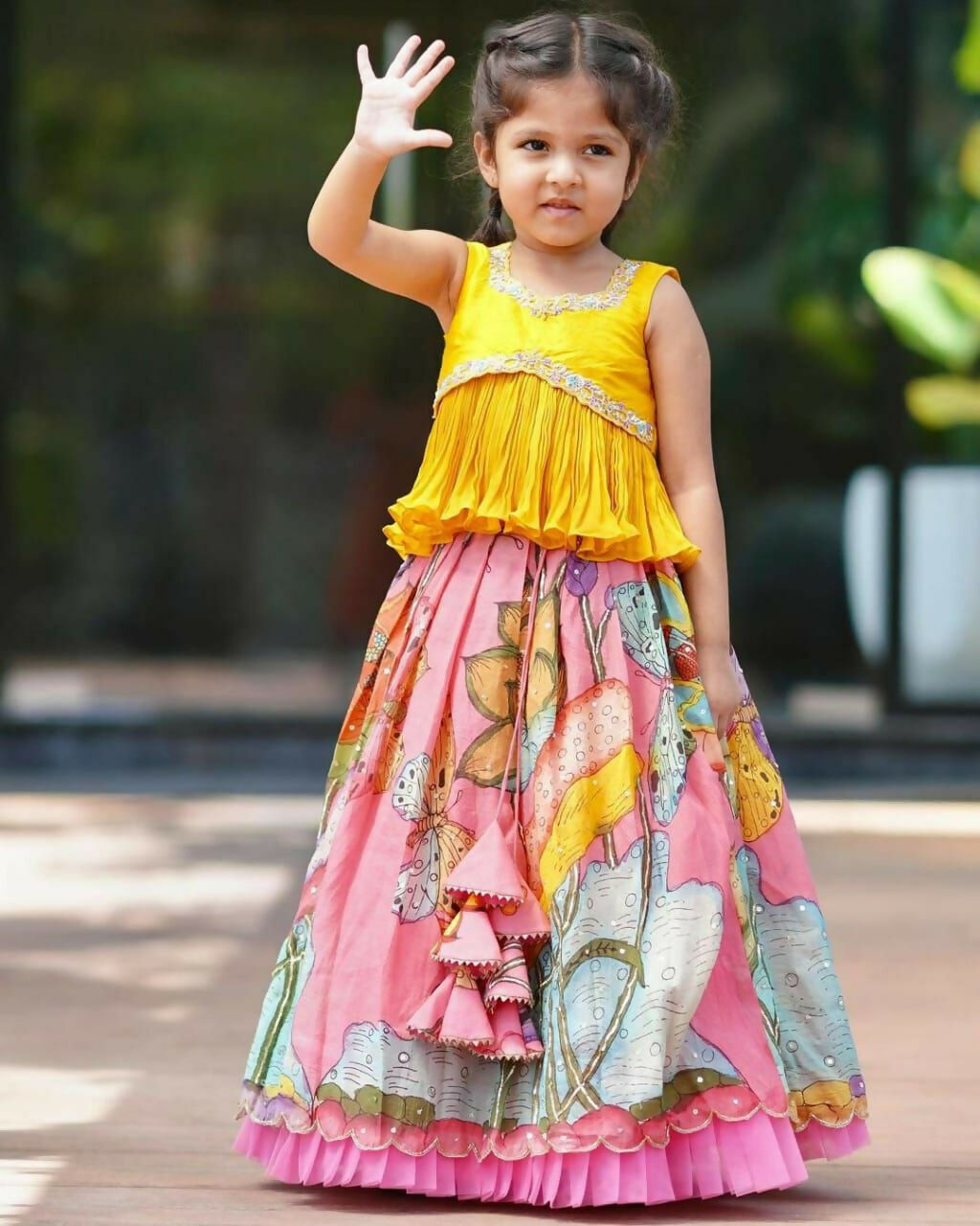 Girls Pink Chinon Silk Printed Embroidered Lehenga Choli Set
