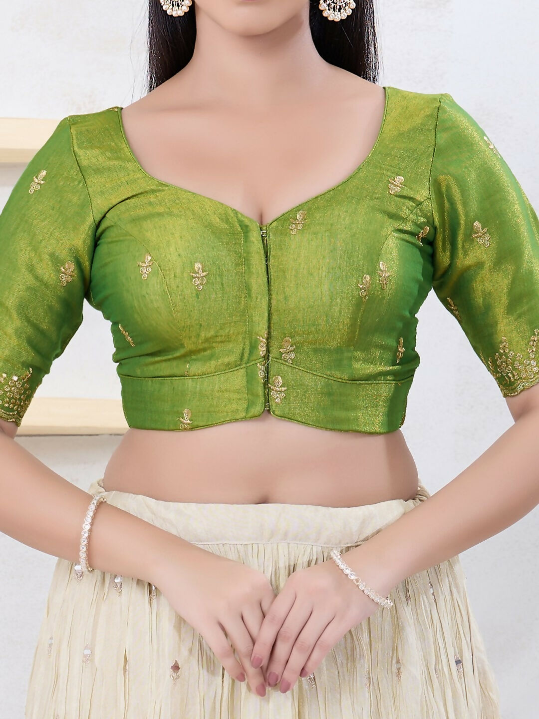 Green Shimmer Elbow Sleeveless Round Neck Front Open Blouse