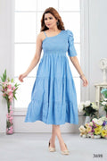 A sky blue heavy muslin long tunic with cotton lining worn by a model