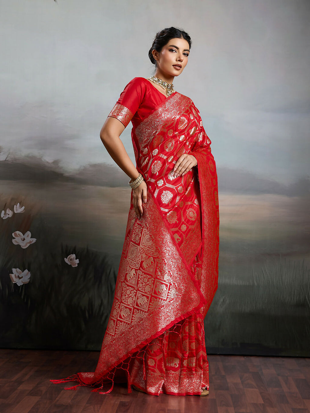 Red Silk Blend Saree with Matching Blouse Piece