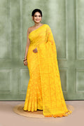 Yellow embellished cotton blend Jamdani saree with intricate traditional patterns