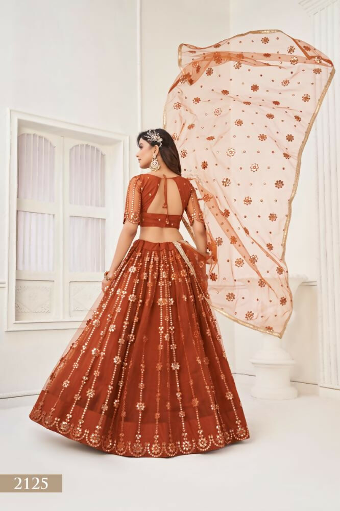 Brown Butterfly Net Lehenga Choli With Mirror Work Embroidery
