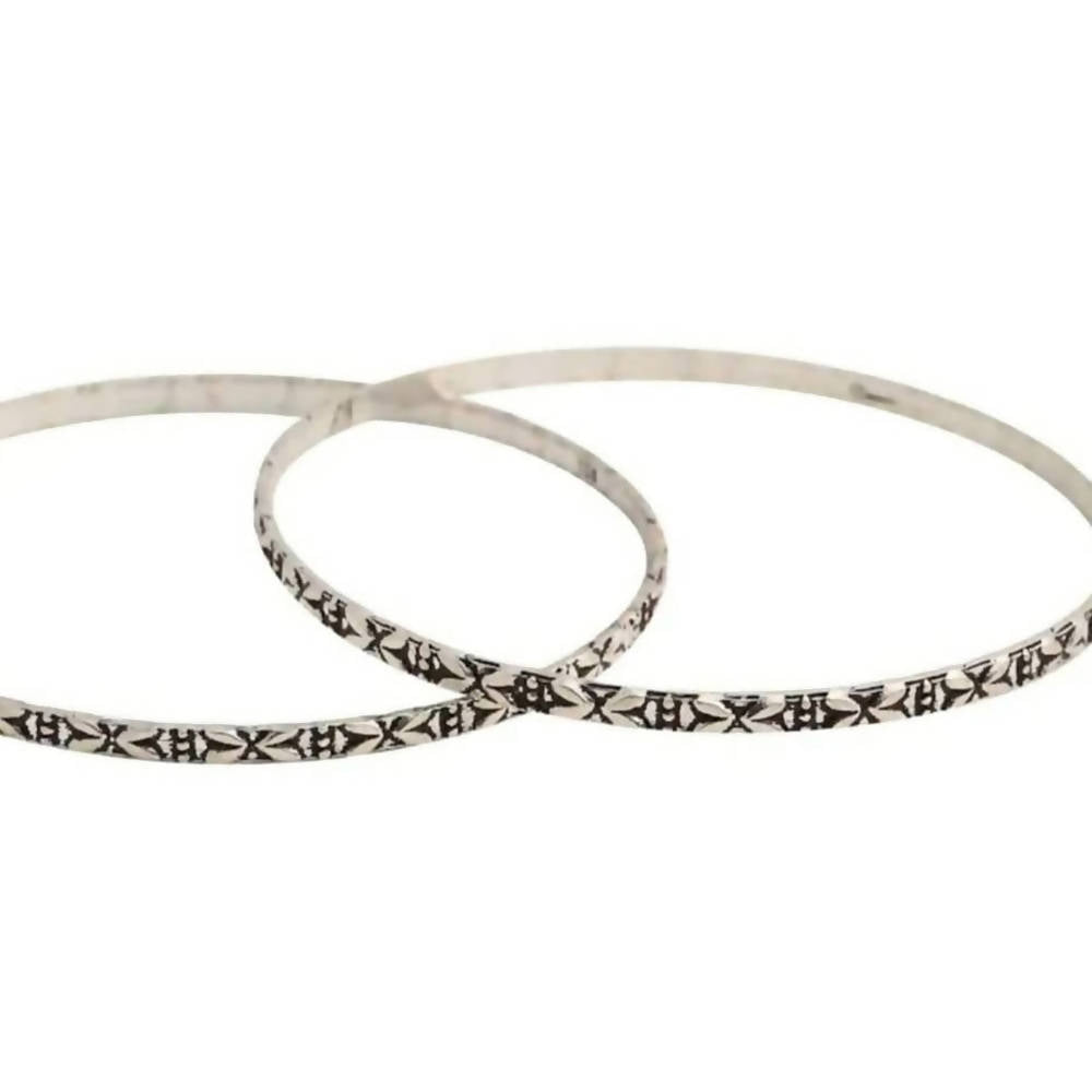 Artisanal oxidised silver-plated bangles with vintage pattern