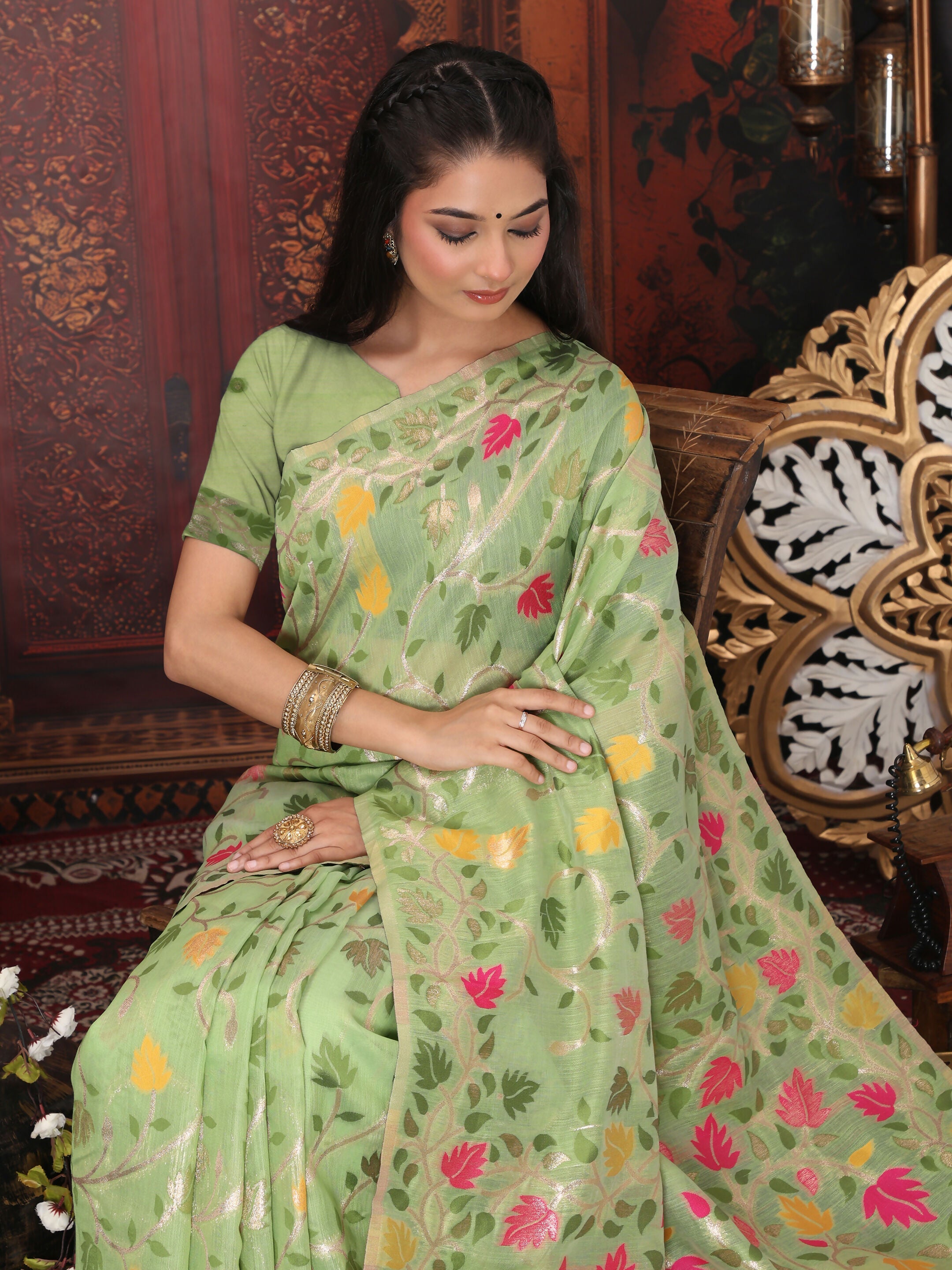 Shree Shyam Fashion Linen Cotton Green Saree