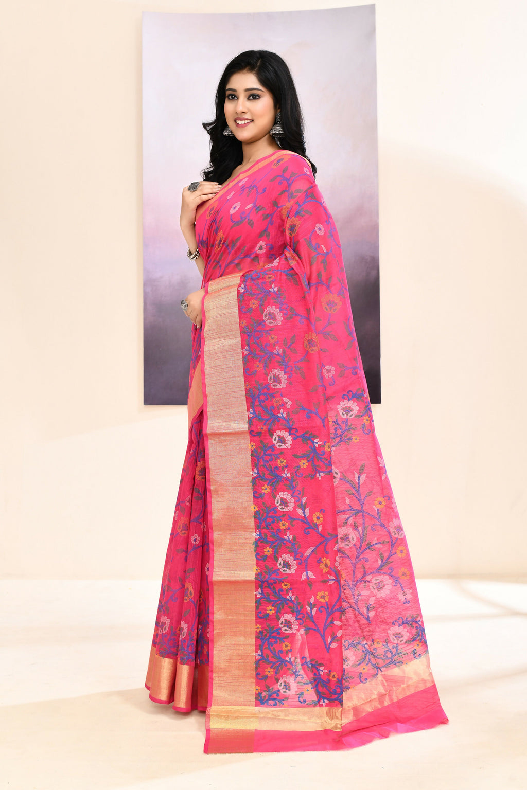 Women's Pink Embellished Printed Saree in Soft Cotton Blend