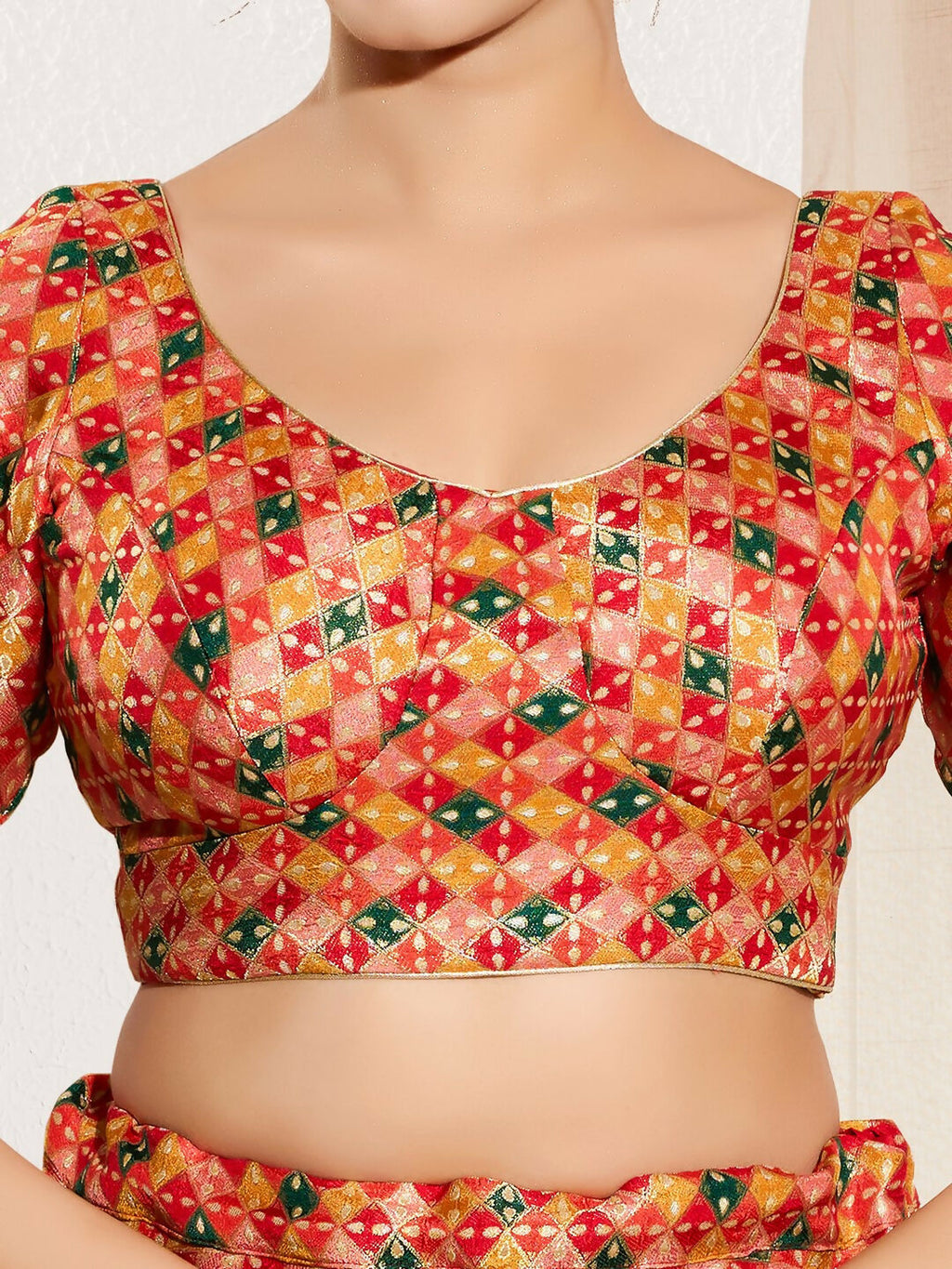 Joban Fashion Red Jacquard Padded Blouse With Round Neck Elbow Sleeves
