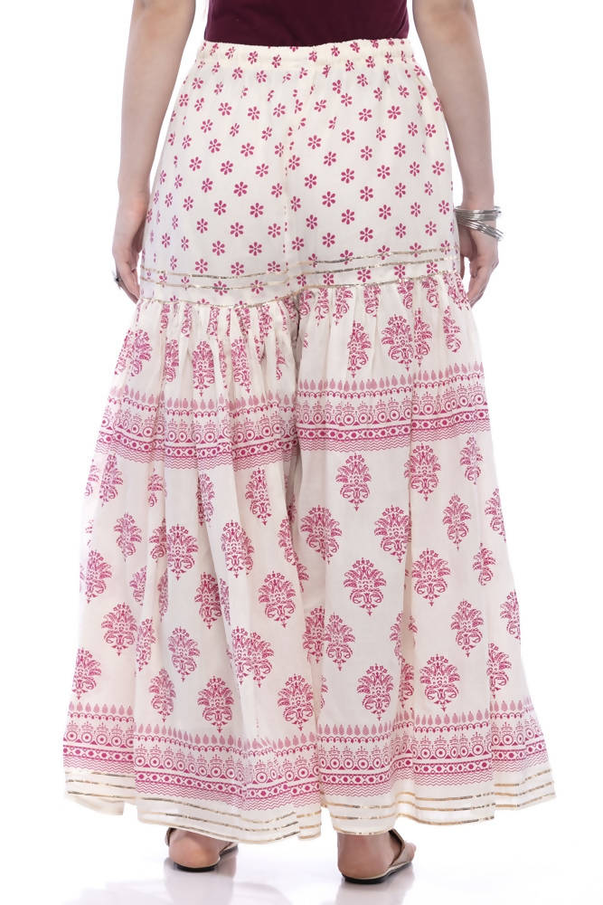 Off White and Maroon Cotton Block Print Palazzo with Lace Detail