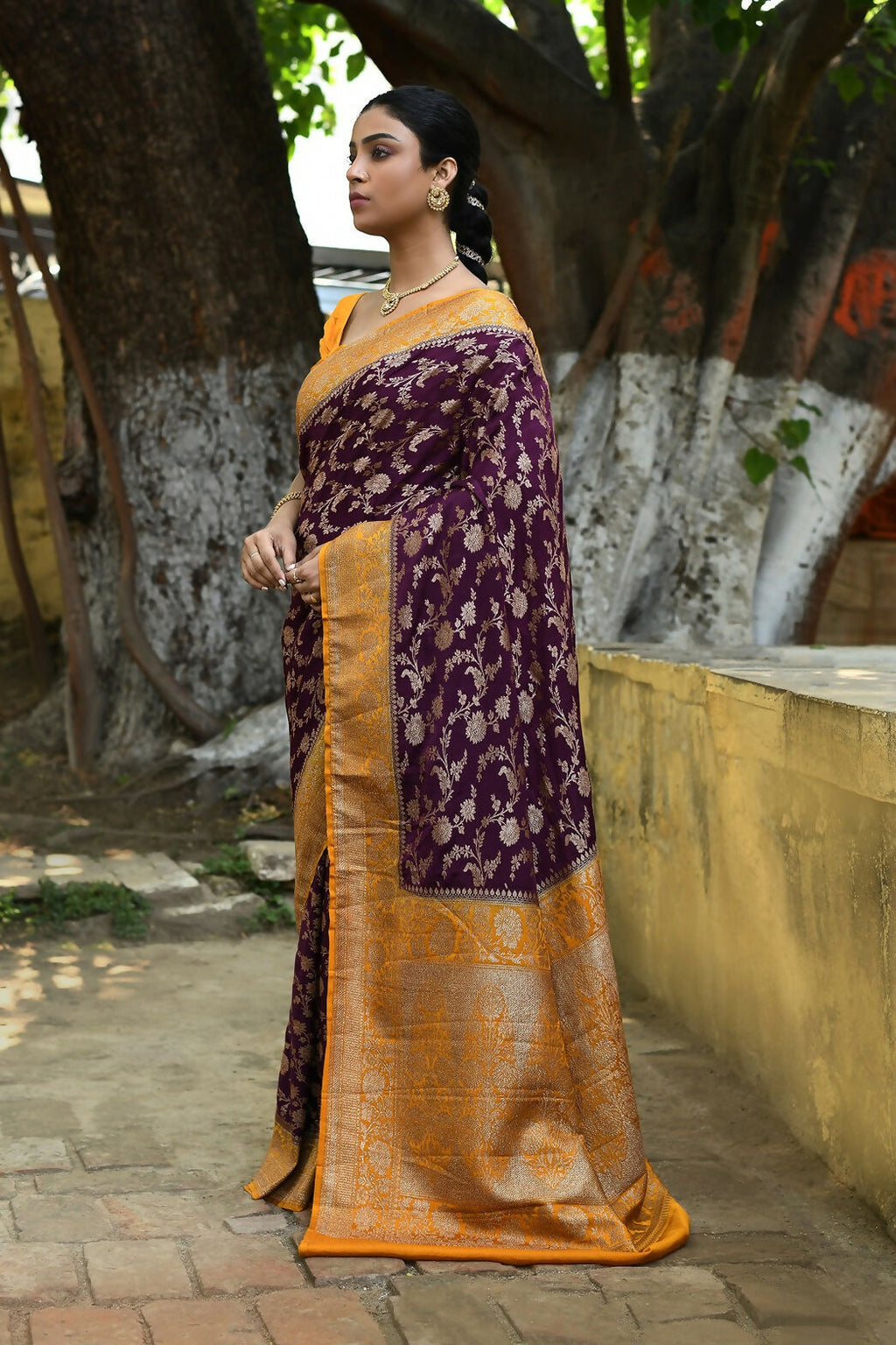 Purple Crepe Chiffon Pure Handloom Banarasi Silk Saree