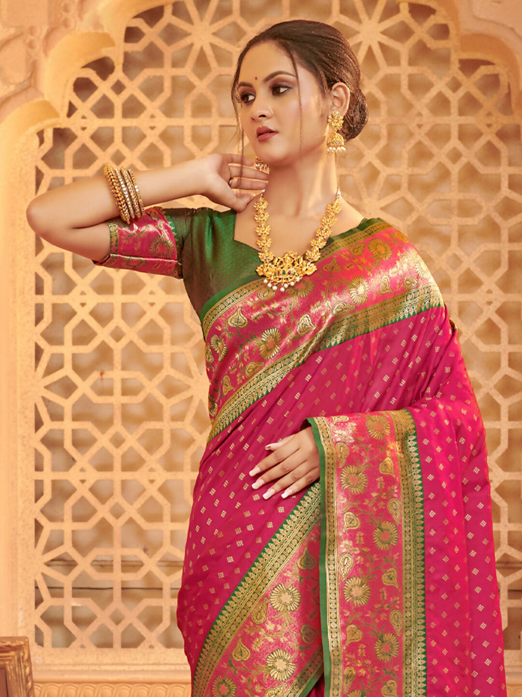 Dark Pink Silk Blend Saree with Green Blouse