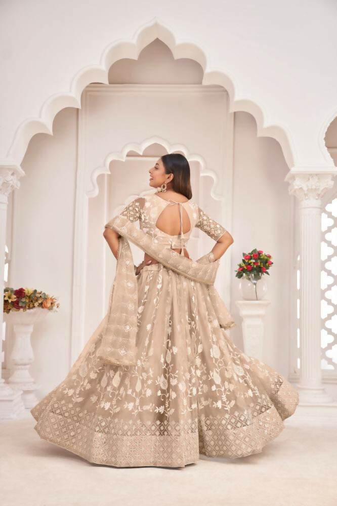 Dusty Chiku Butterfly Net Lehenga with Zari and Sequence Work