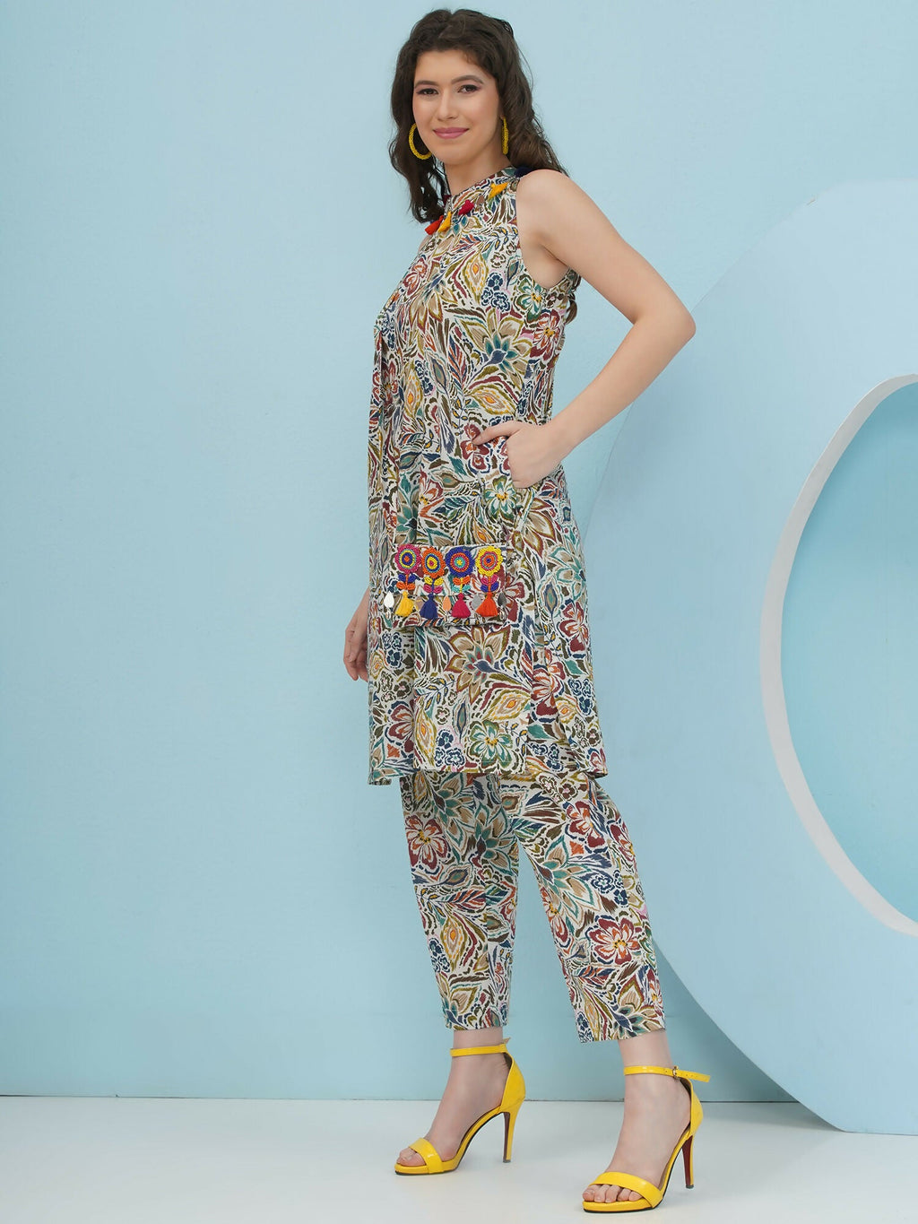 Floral Co-Ord Set with Embellished Sling Bag in Multi-Color Cotton