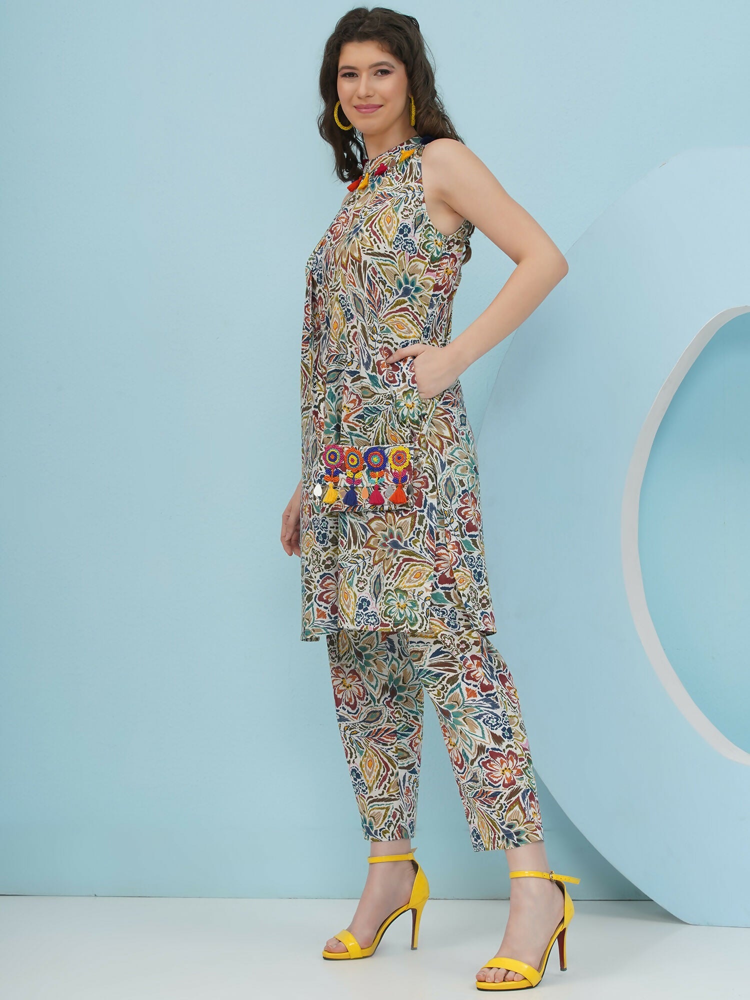 Floral Co-Ord Set with Embellished Sling Bag in Multi-Color Cotton