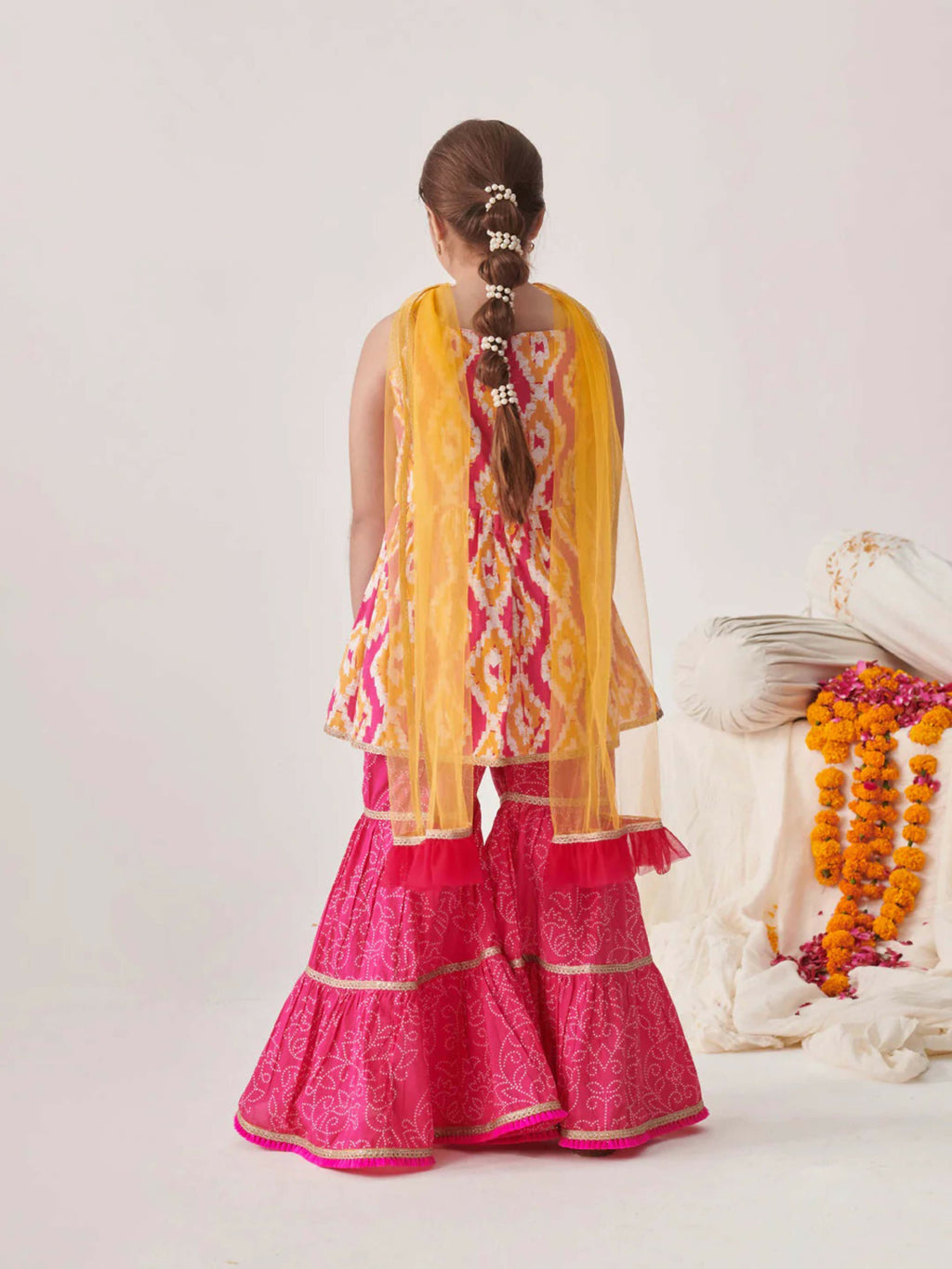 Girl's Pink and Yellow Georgette Sharara Set with Net Dupatta