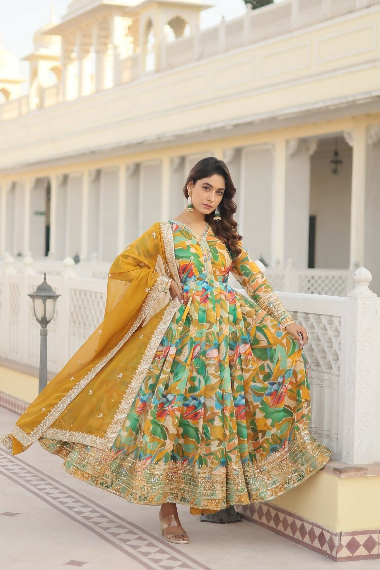 Green Russian Silk Anarkali Dress with Zari & Sequins Work