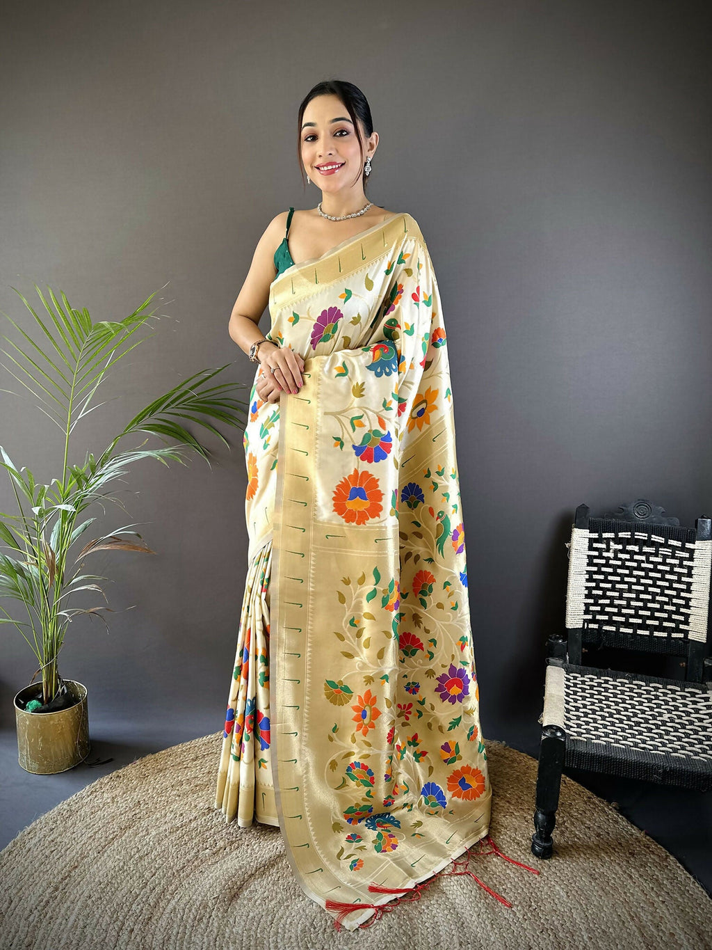 Off-White soft silk Paithani saree with zari floral motifs