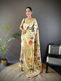 Off-White soft silk Paithani saree with zari floral motifs