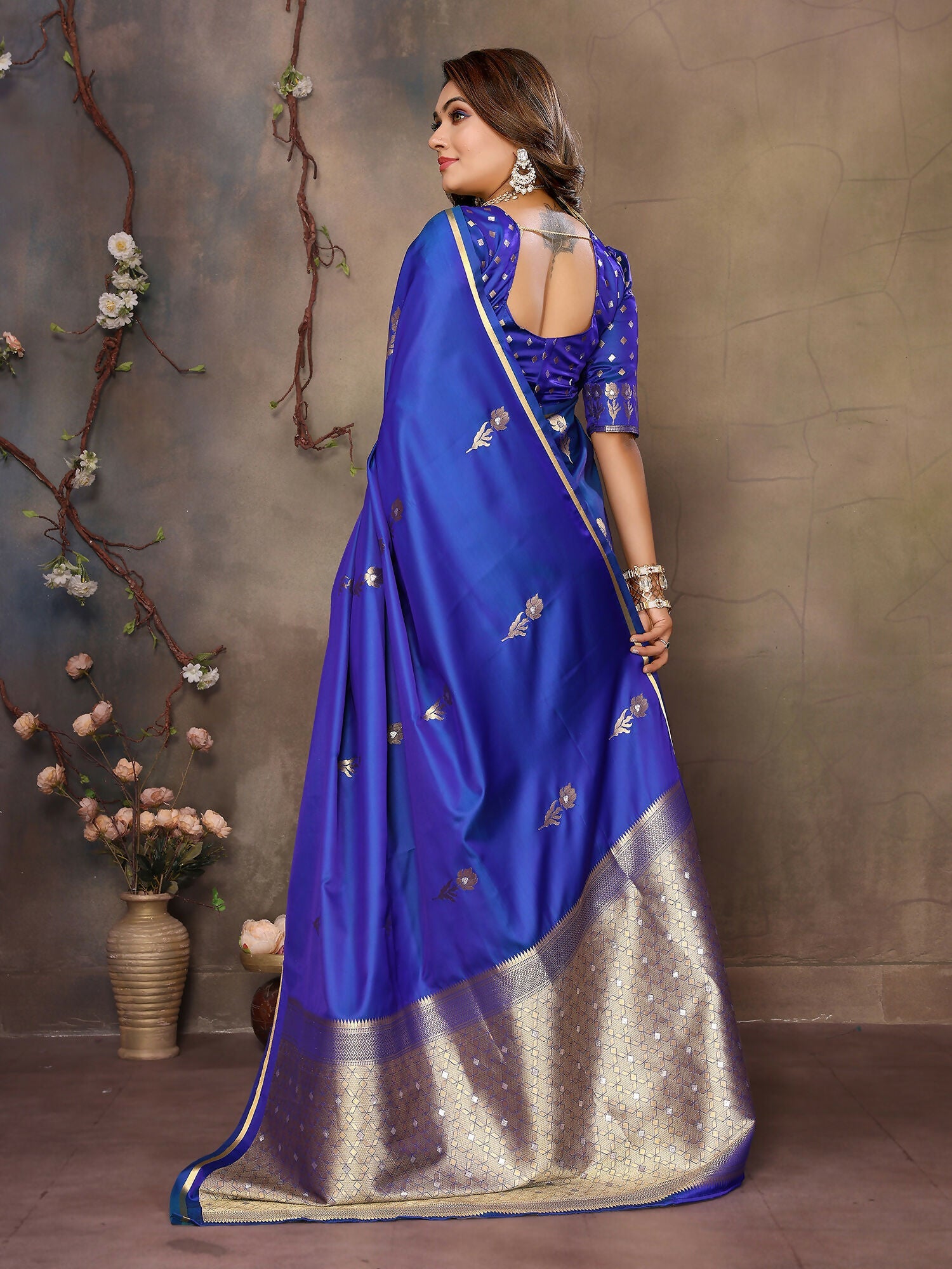 Royal Blue Floral & Botanical Satin Silk Banarasi Saree