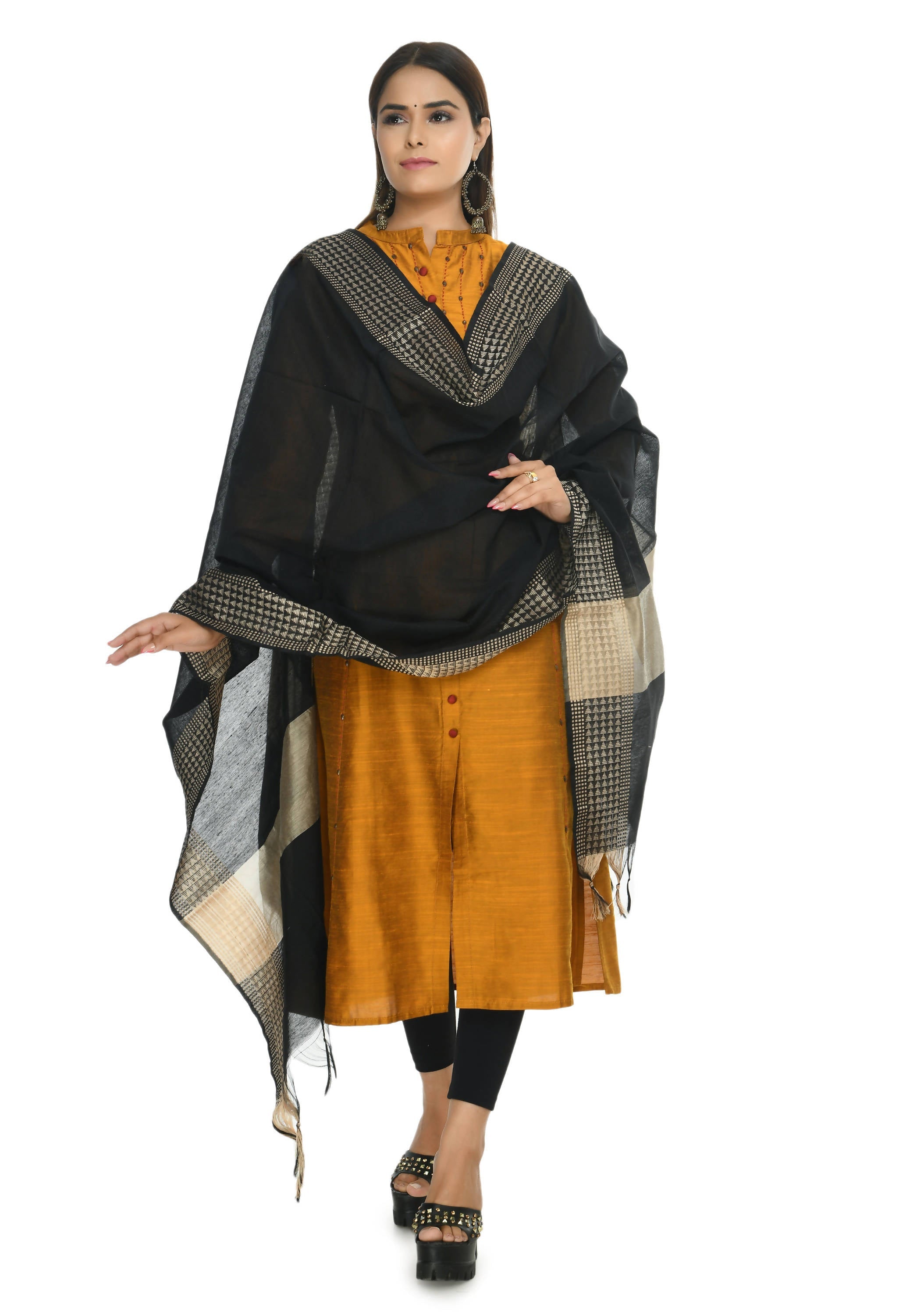 Women's black handloom cotton dupatta with geometric print and gold accents