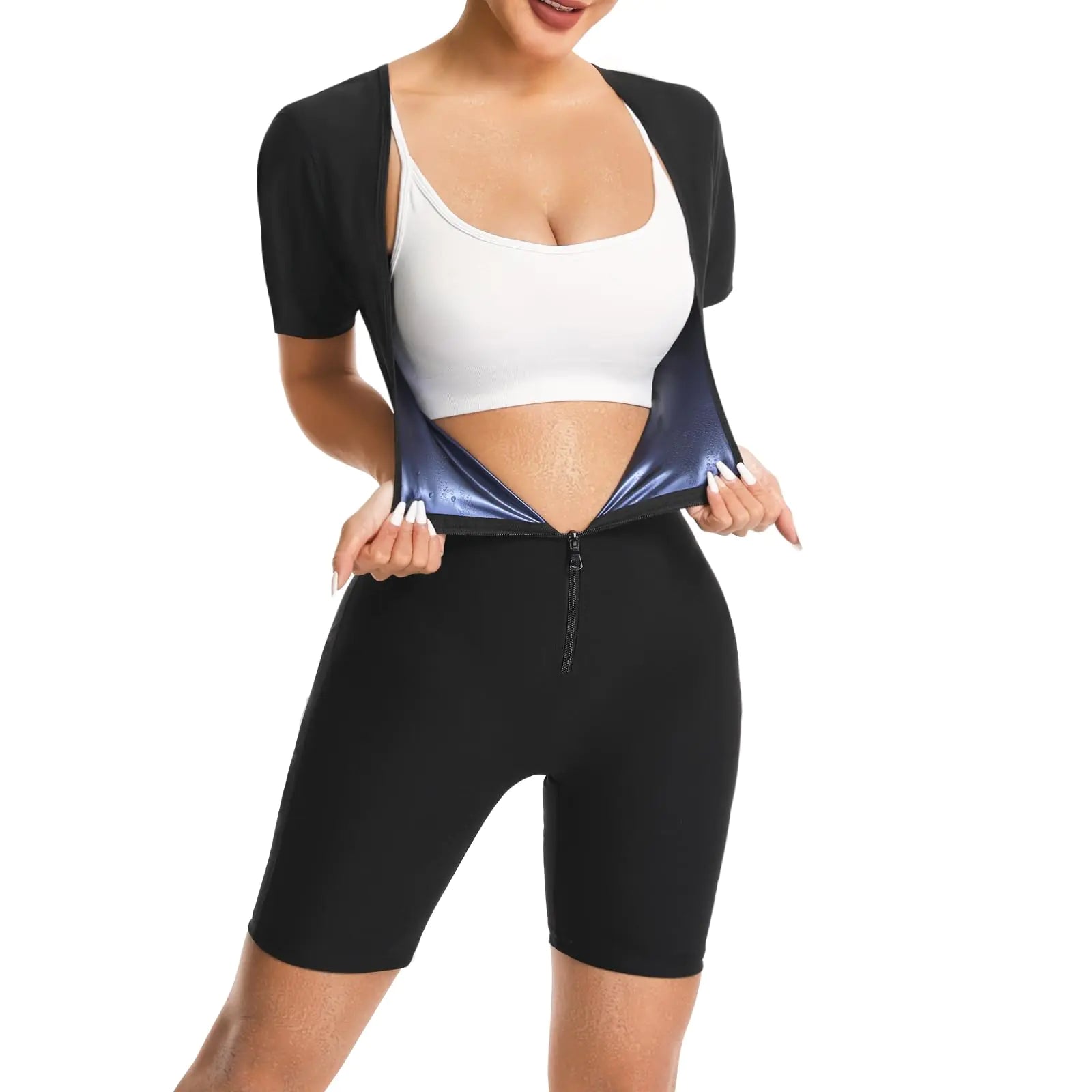 Vigorix Sauna Suit for Women Sweat Vest Waist Trainer 3 in 1 Full Body Shaper Workout Slimming Suit with Sleeve Shorts (blue XL)