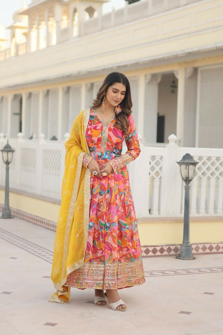 Pink Russian Silk Sequins Zari Embroidered Anarkali Dress