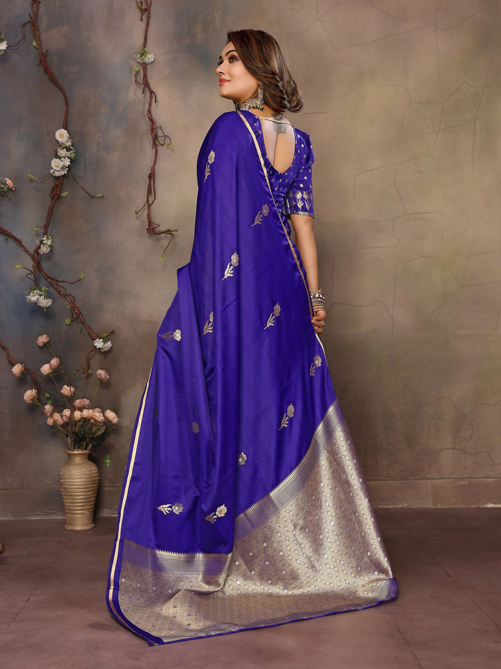 Indigo Blue Satin Silk Banarasi Saree with Floral Botanical Motifs